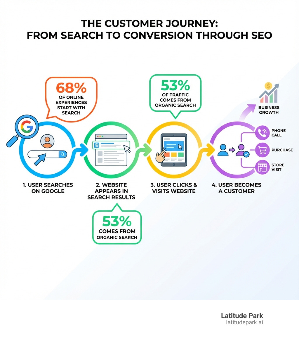 Infographic showing the customer journey: User searches on Google → Website appears in search results → User clicks and visits website → User becomes a customer through phone call, purchase, or store visit, with statistics showing 68% of online experiences start with search and 53% of traffic comes from organic search - business search engine optimisation infographic 