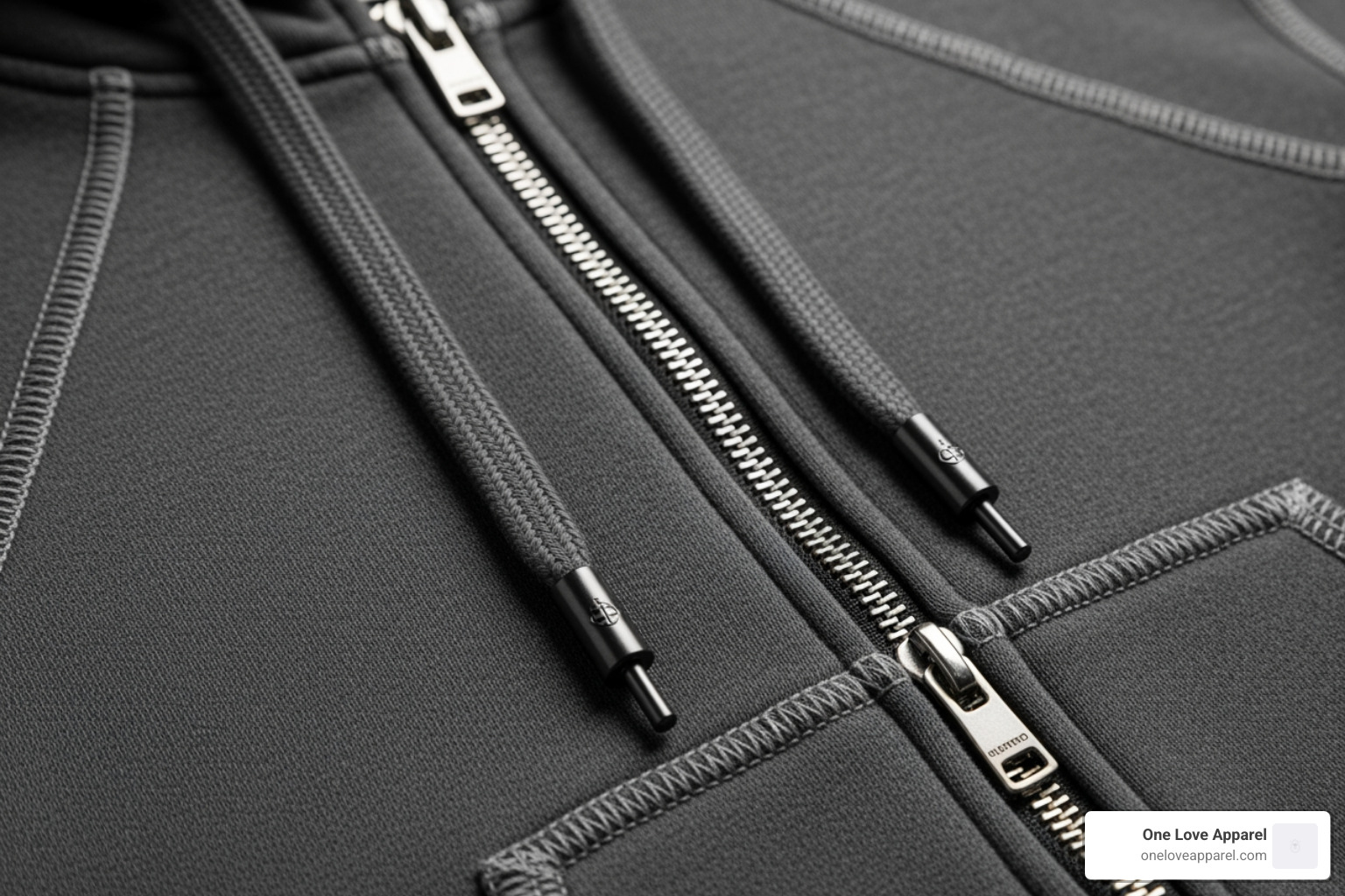 Close-up details of a premium hoodie showing reinforced stitching, metal aglets on drawstrings, and a high-quality zipper - men's premium hoodie