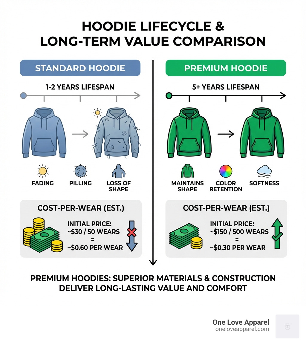 Infographic comparing standard vs premium hoodie lifecycle showing standard hoodies lasting 1-2 years with fading and pilling versus premium hoodies lasting 5+ years while maintaining shape, color, and softness, with cost-per-wear calculations demonstrating long-term value - men's premium hoodie infographic 