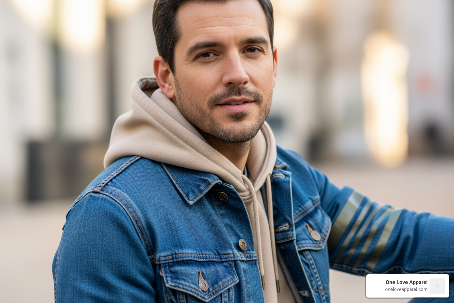 beige hoodie layered under denim jacket - beige hoodie mens