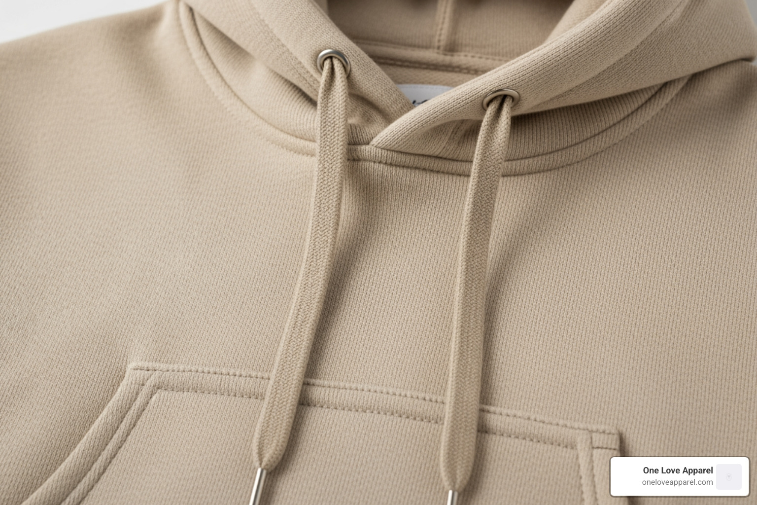 close up on hoodie's double layered hood and kangaroo pocket - beige hoodie mens