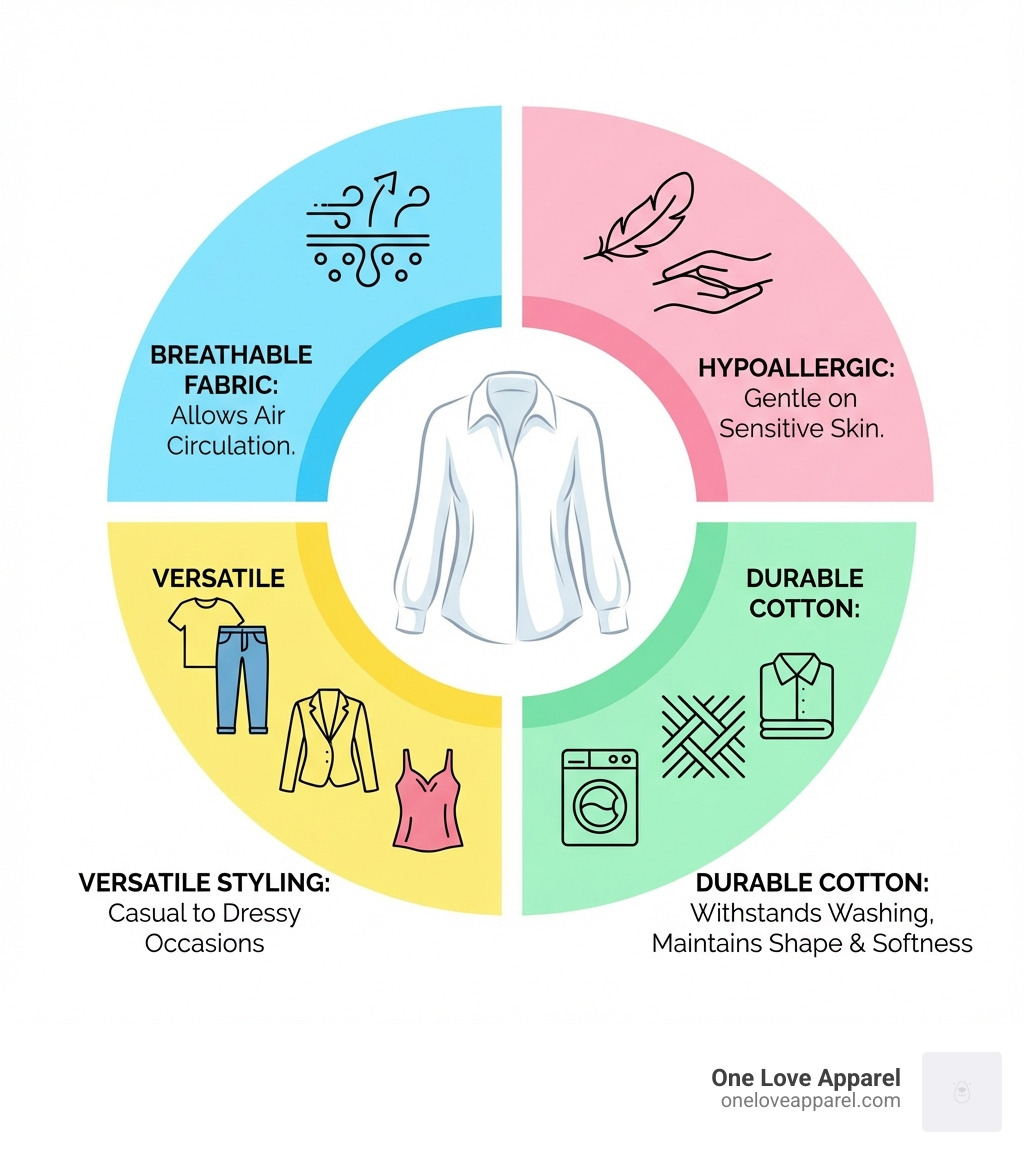 infographic showing the key benefits of a ladies white cotton long sleeve shirt: breathable fabric allows air circulation, hypoallergenic properties make it gentle on sensitive skin, versatile styling works for casual to dressy occasions, and durable cotton fibers withstand repeated washing while maintaining shape and softness - ladies white cotton long sleeve shirt infographic infographic showing the key benefits of a ladies white cotton long sleeve shirt: breathable fabric allows air circulation, hypoallergenic properties make it gentle on sensitive skin, versatile styling works for casual to dressy occasions, and durable cotton fibers withstand repeated washing while maintaining shape and softness - ladies white cotton long sleeve shirt infographic