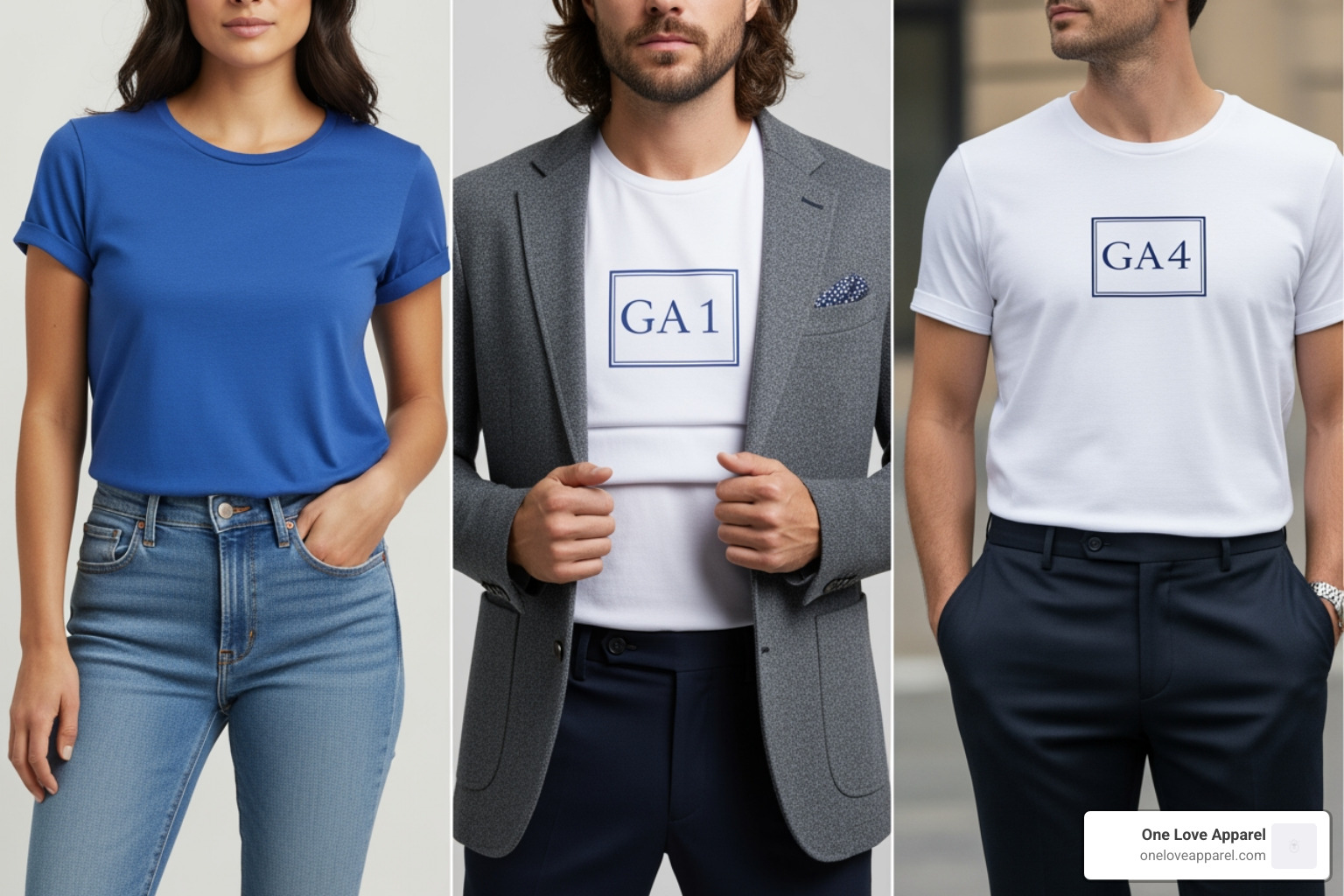 Image showing a t-shirt styled in three different ways: casual with jeans, layered under a blazer, and for an evening out with tailored trousers - Best everyday shirts Image showing a t-shirt styled in three different ways: casual with jeans, layered under a blazer, and for an evening out with tailored trousers - Best everyday shirts