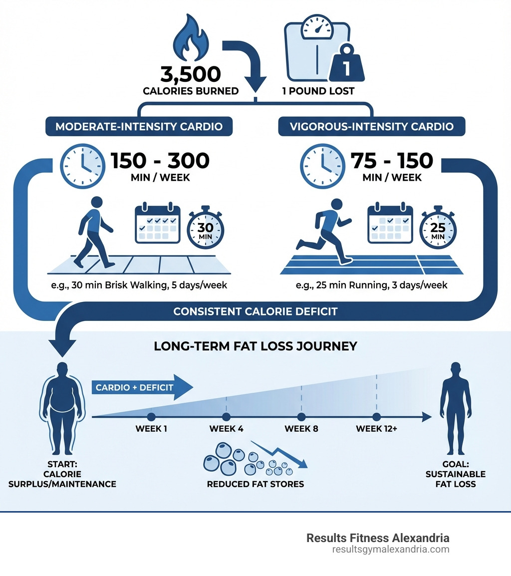 Infographic showing the cardio equation for weight loss: 3,500 calories burned = 1 pound lost, with visual examples of 150-300 minutes of moderate-intensity exercise per week (such as 30 minutes of brisk walking 5 days per week) or 75-150 minutes of vigorous-intensity exercise per week (such as 25 minutes of running 3 days per week), plus a diagram showing how consistent calorie deficit through cardio leads to fat loss over time - Lose weight cardio infographic 