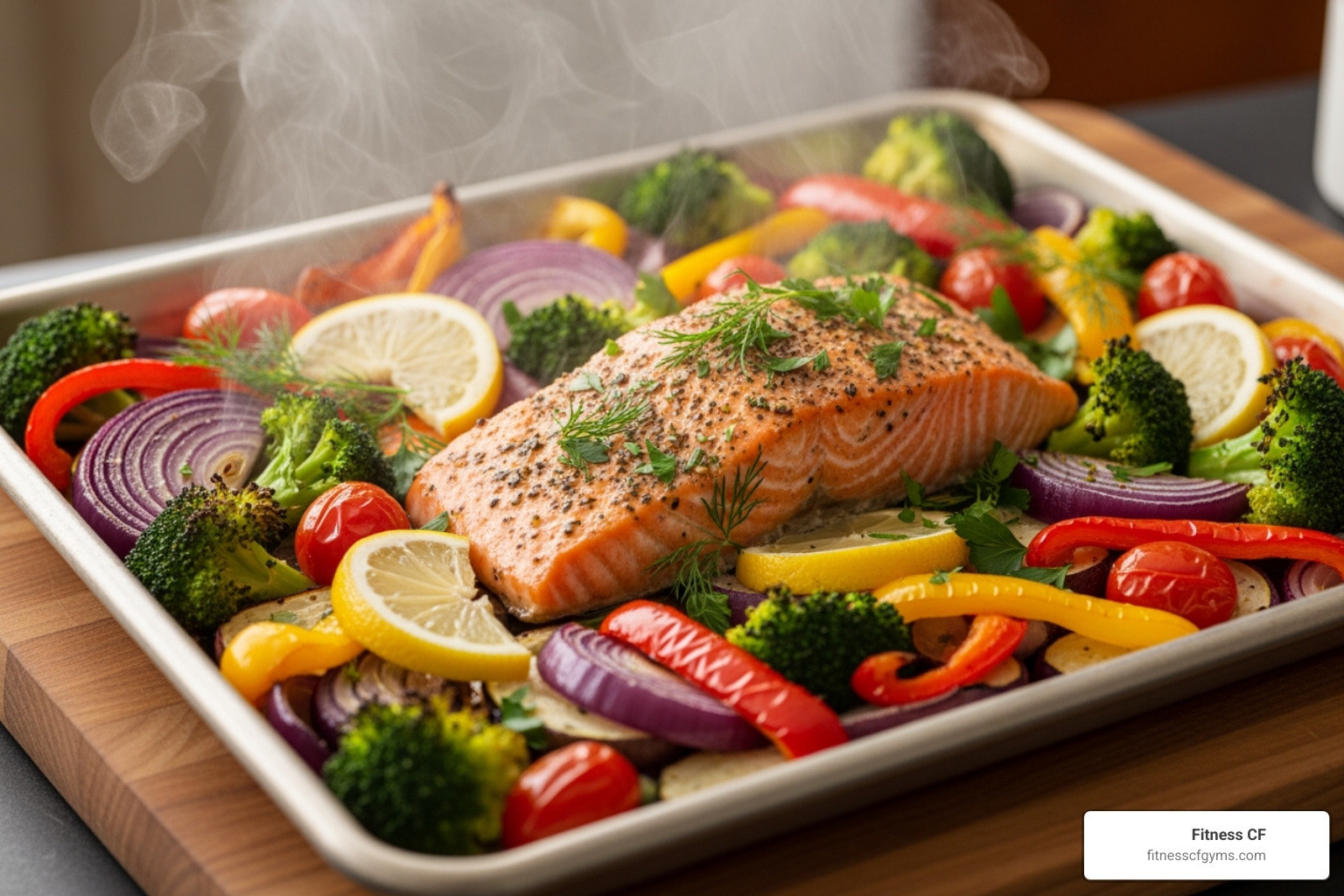 of a colorful sheet-pan salmon and vegetable dinner fresh out of the oven - Easy healthy dinner recipes