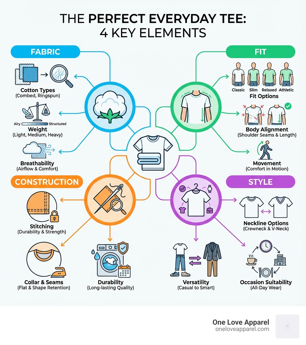 Infographic showing the 4 key elements of the perfect everyday tee: Fabric (cotton types, weight, breathability), Fit (classic, slim, relaxed, athletic with body alignment), Construction (stitching, seams, collar, durability), and Style (neckline options, versatility, occasion suitability) - Best everyday shirts infographic Infographic showing the 4 key elements of the perfect everyday tee: Fabric (cotton types, weight, breathability), Fit (classic, slim, relaxed, athletic with body alignment), Construction (stitching, seams, collar, durability), and Style (neckline options, versatility, occasion suitability) - Best everyday shirts infographic