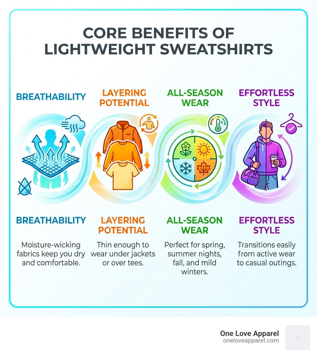 Infographic showing the four core benefits of lightweight sweatshirts: Breathability (moisture-wicking fabrics keep you dry and comfortable), Layering Potential (thin enough to wear under jackets or over tees), All-Season Wear (perfect for spring, summer nights, fall, and mild winters), and Effortless Style (transitions easily from active wear to casual outings) - lightweight sweatshirts infographic Infographic showing the four core benefits of lightweight sweatshirts: Breathability (moisture-wicking fabrics keep you dry and comfortable), Layering Potential (thin enough to wear under jackets or over tees), All-Season Wear (perfect for spring, summer nights, fall, and mild winters), and Effortless Style (transitions easily from active wear to casual outings) - lightweight sweatshirts infographic