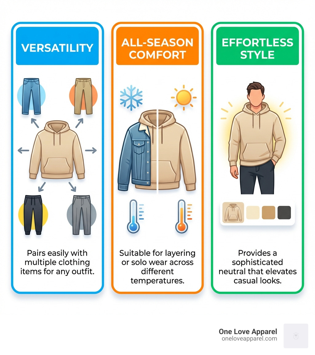 infographic showing three key benefits of beige hoodies: versatility with any outfit pairing easily with multiple clothing items, all-season comfort suitable for layering or solo wear across different temperatures, and effortless style providing a sophisticated neutral that elevates casual looks - beige hoodie mens infographic 
