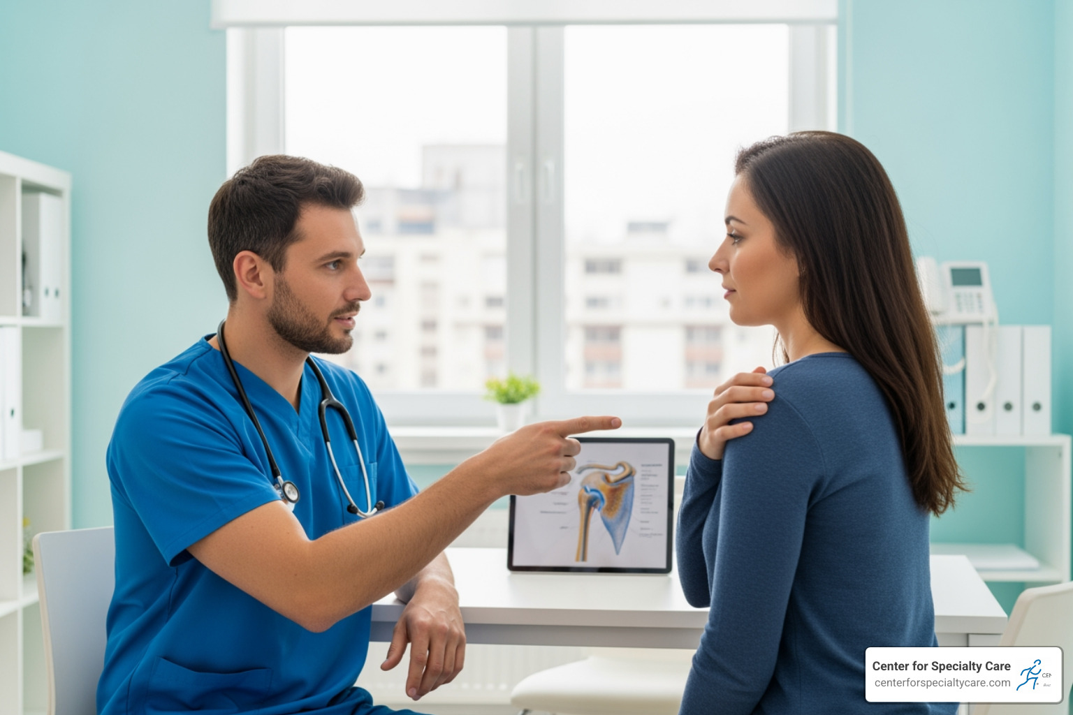 Doctor consulting with patient about shoulder pain - treat tendonitis with heat or cold