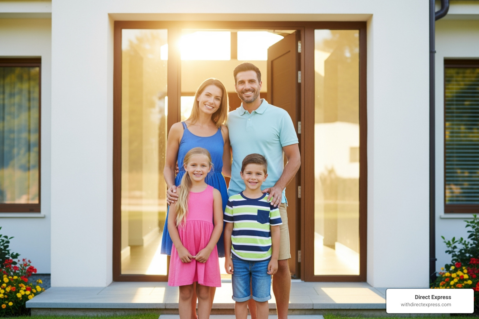 happy family standing in doorway of modern single-family house - houses for lease