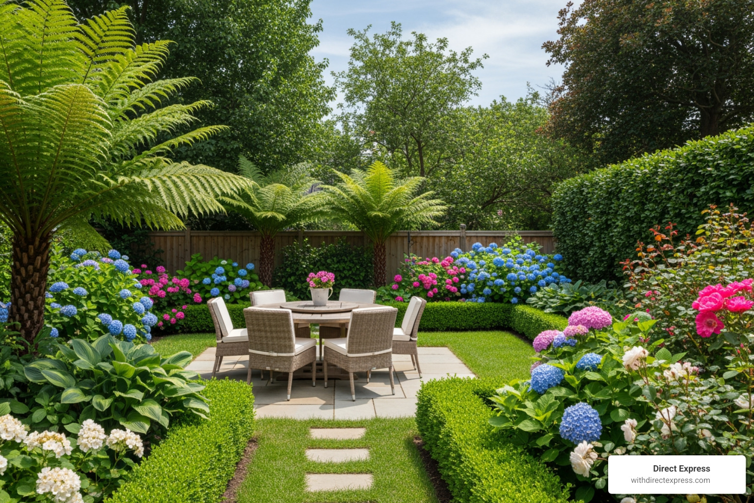 spacious backyard with a patio set and garden - houses for lease