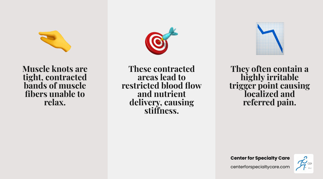 infographic showing a side-by-side comparison of a relaxed muscle fiber with smooth, elongated bands versus a muscle knot with contracted, bunched-up fibers forming a tight nodule, with labels pointing to normal muscle tissue, trigger point location, contracted fibers, and areas of reduced blood flow - muscle knots in shoulder blade symptoms infographic 3_facts_emoji_grey