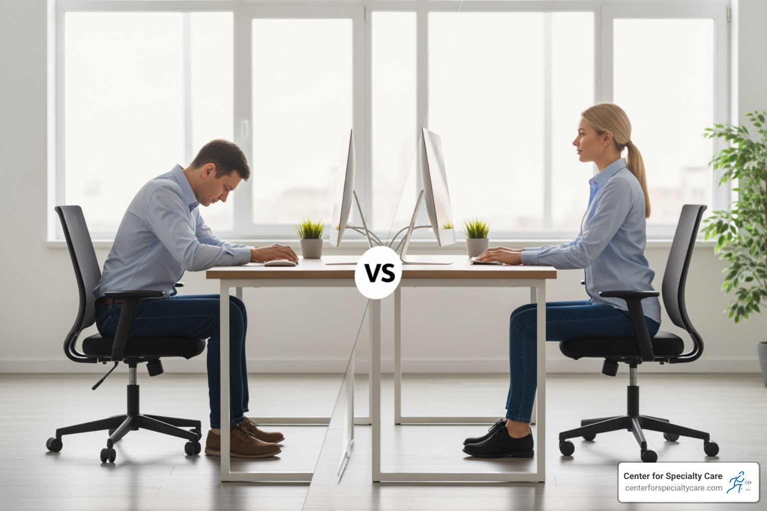 person demonstrating poor vs. good sitting posture at a desk - muscle knots in shoulder blade symptoms