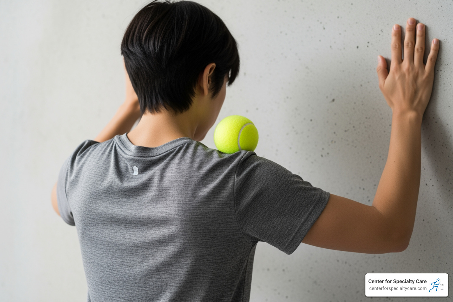 person using a tennis ball against a wall for self-massage - muscle knots in shoulder blade symptoms