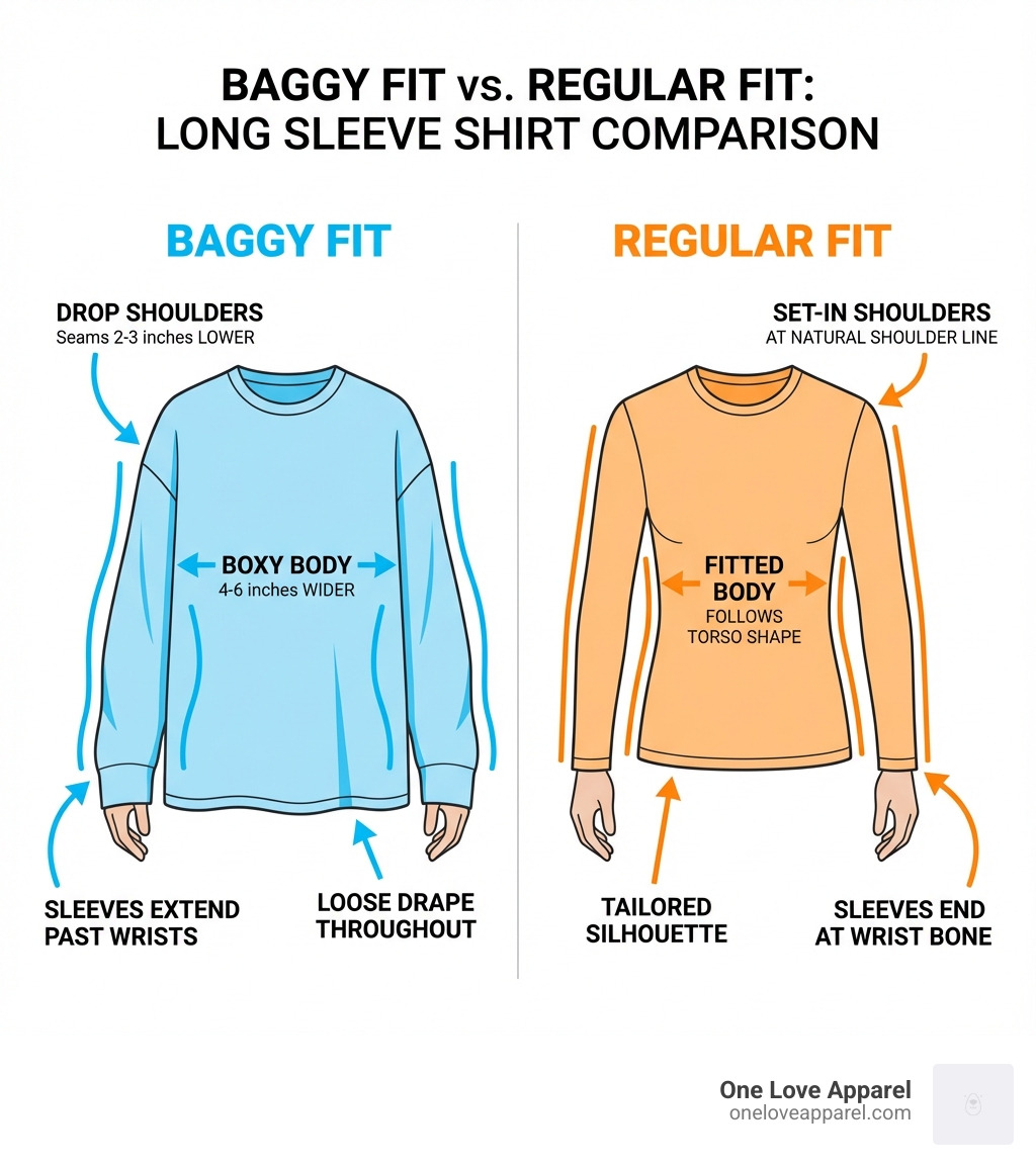 Infographic comparing baggy fit versus regular fit long sleeve shirts, showing side-by-side illustrations with labeled features: baggy fit has drop shoulders positioned 2-3 inches lower, boxy body that is 4-6 inches wider, sleeves that extend past wrists, and loose drape throughout; regular fit shows set-in shoulders at natural shoulder line, fitted body that follows torso shape, sleeves ending at wrist bone, and tailored silhouette - baggy long sleeve infographic Infographic comparing baggy fit versus regular fit long sleeve shirts, showing side-by-side illustrations with labeled features: baggy fit has drop shoulders positioned 2-3 inches lower, boxy body that is 4-6 inches wider, sleeves that extend past wrists, and loose drape throughout; regular fit shows set-in shoulders at natural shoulder line, fitted body that follows torso shape, sleeves ending at wrist bone, and tailored silhouette - baggy long sleeve infographic
