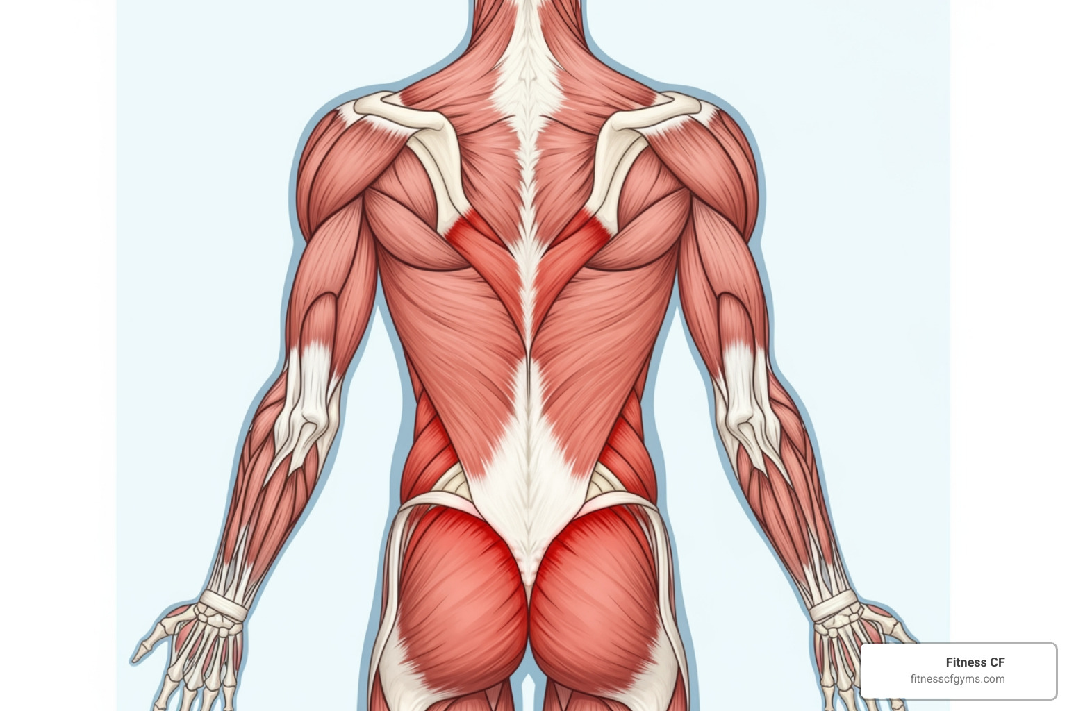 muscular system diagram highlighting the back and arm muscles - arm pull machine