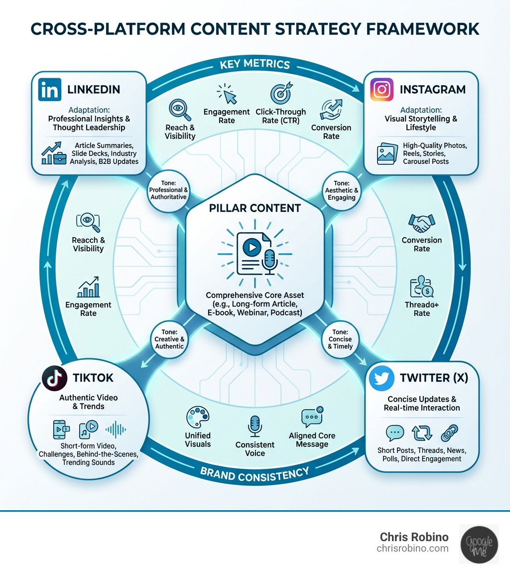 infographic showing the cross-platform content strategy framework: starting with pillar content at the center, branching out to platform-specific adaptations for LinkedIn, Instagram, TikTok, and Twitter, with key metrics and brand consistency elements connecting all platforms - cross platform content infographic 