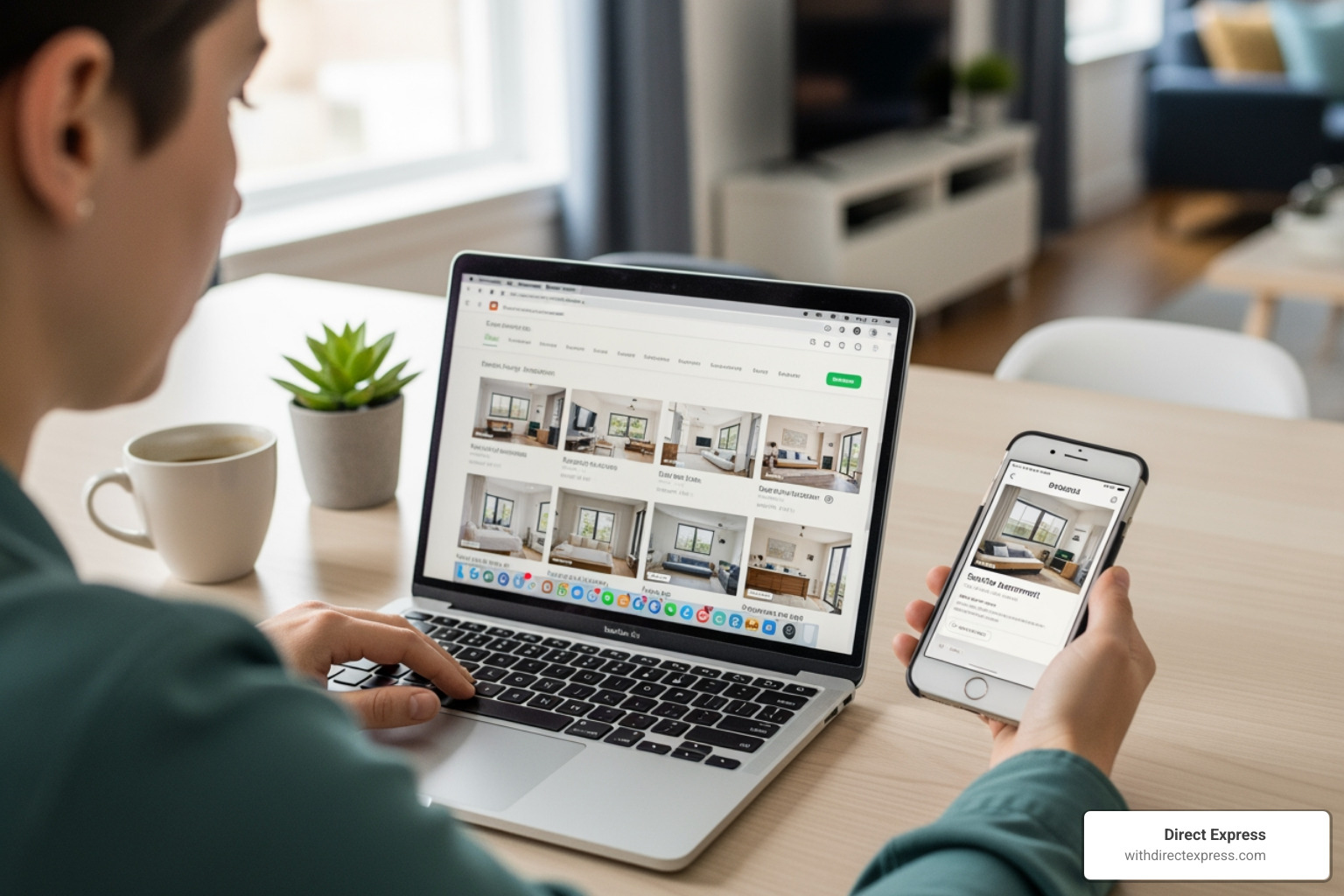 person using a laptop and phone to browse rental listings - houses for lease