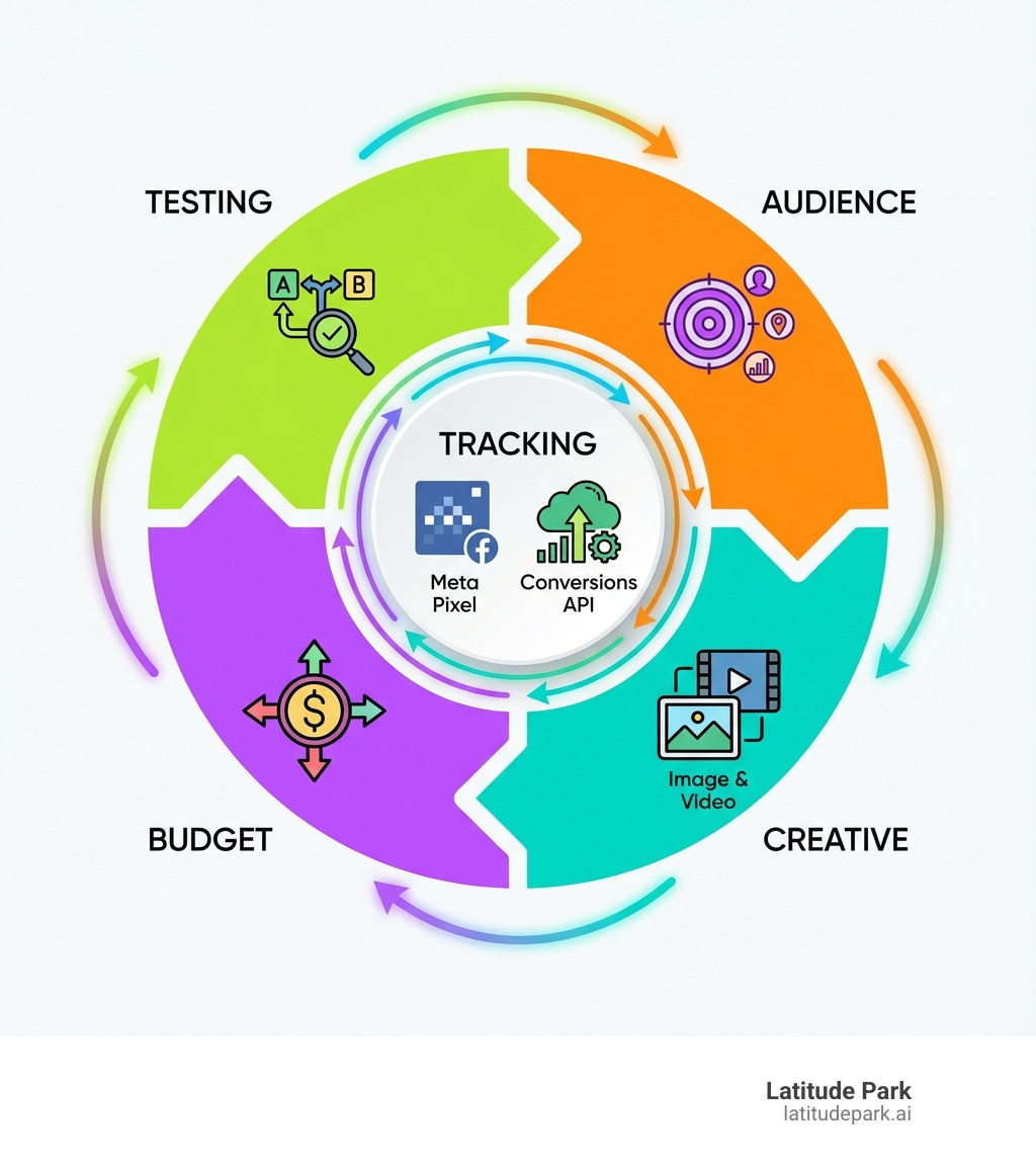 Infographic showing the five core pillars of Facebook ad campaign optimization: a circular diagram with Tracking at the center (Meta Pixel and Conversions API icons), surrounded by four segments - Audience (target icon with demographic symbols), Creative (image and video icons), Budget (dollar sign with allocation arrows), and Testing (A/B split test icon). Arrows connect all pillars showing their interdependence. - Facebook ad campaign optimization infographic 