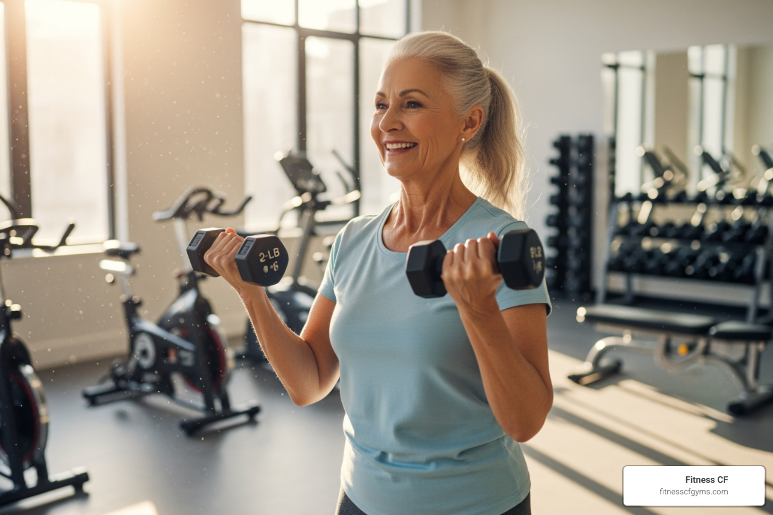 Older adult smiling while lifting light dumbbells - tips for gaining muscle