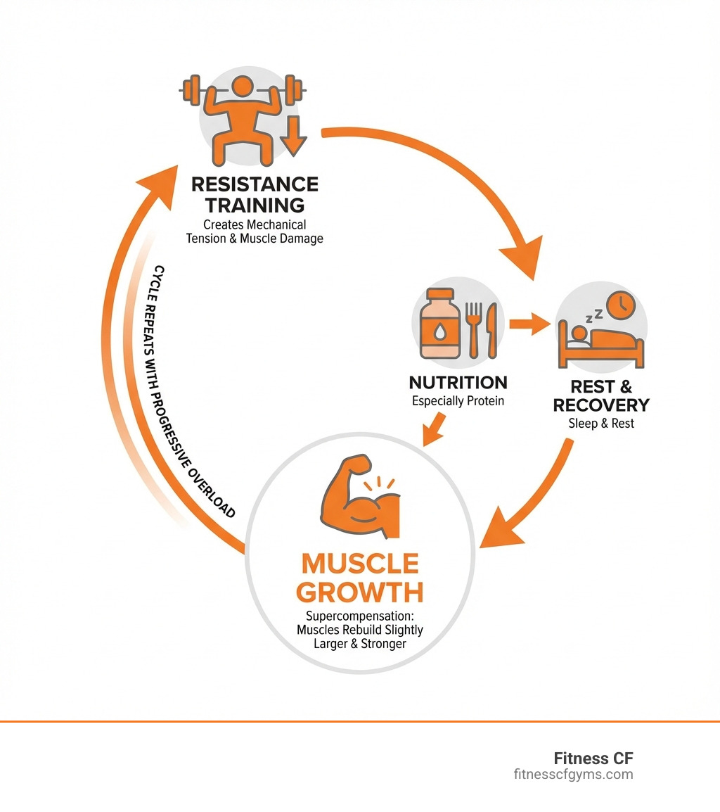 Infographic showing the muscle growth cycle: Resistance Training creates mechanical tension and muscle damage, which triggers the body's repair process through proper Nutrition (especially protein) and adequate Rest/Recovery, leading to muscle growth through supercompensation where muscles rebuild slightly larger and stronger, then the cycle repeats with progressive overload - tips for gaining muscle infographic 