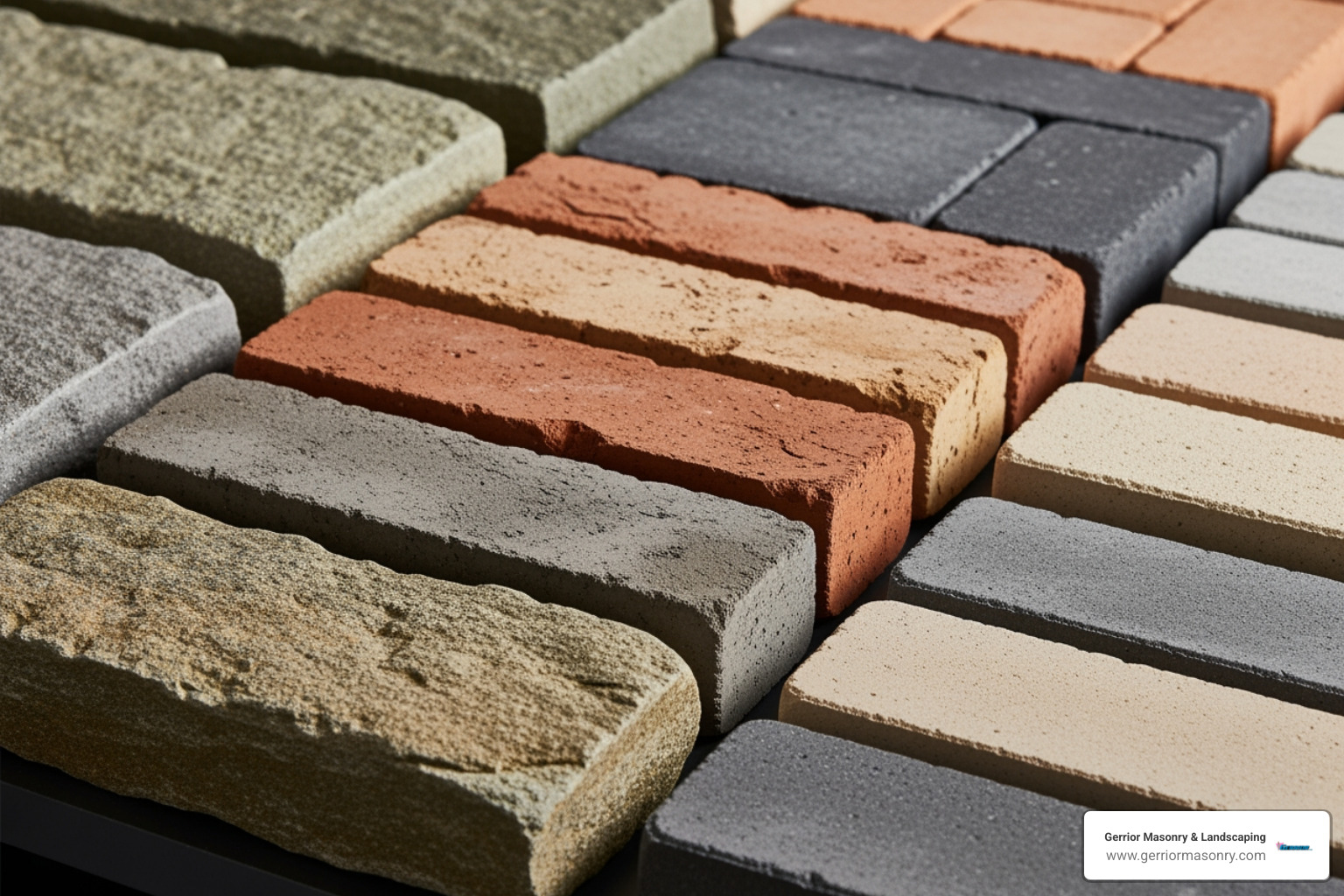 Various masonry materials like fieldstone, brick, and pavers arranged aesthetically - Masonry Company Lexington MA