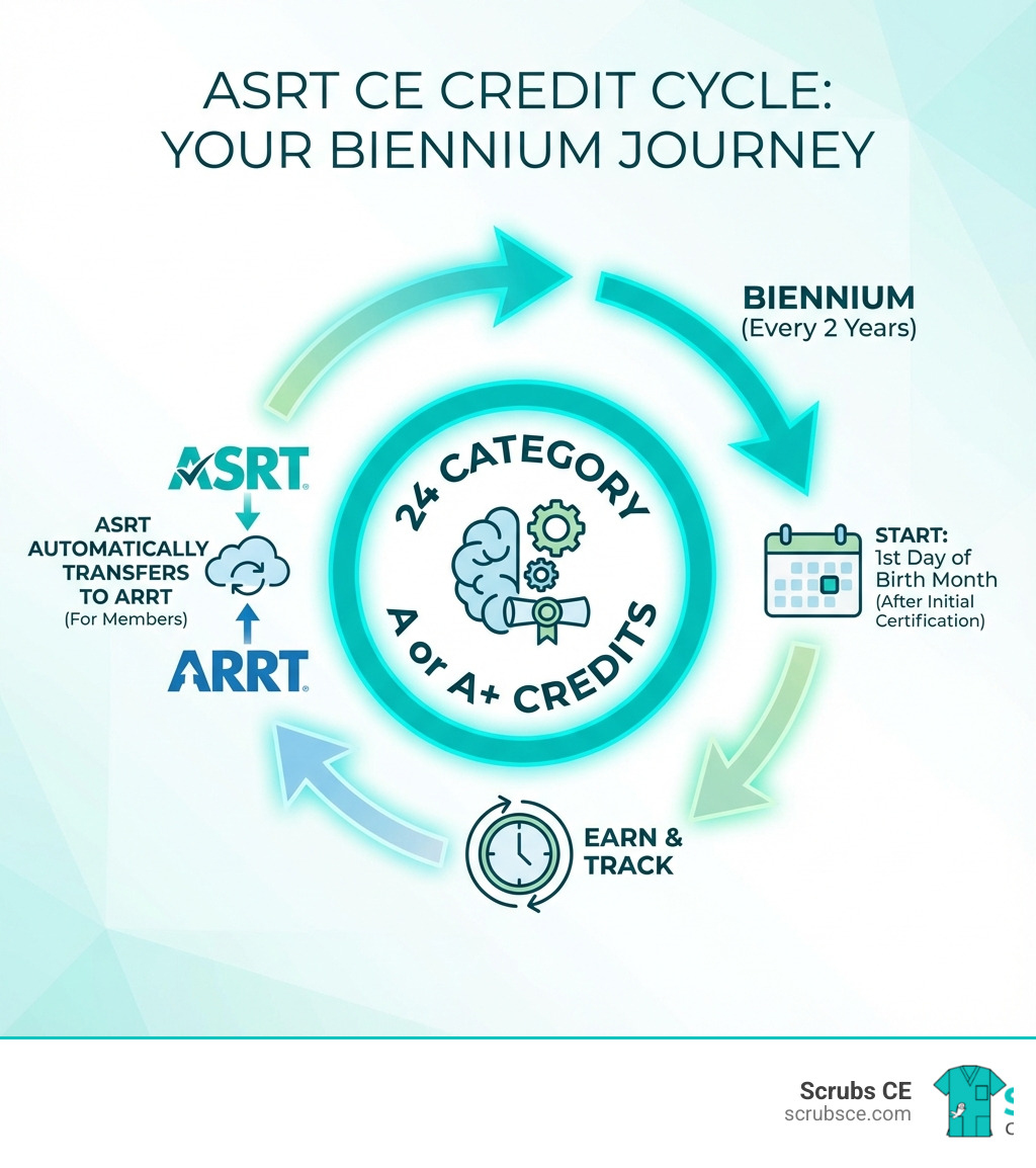 Infographic showing the ASRT CE credit cycle: 24 Category A or A+ credits required every two years (biennium), starting the first day of your birth month after initial certification, with credits tracked by ASRT and automatically transferred to ARRT for members - asrt category a ce credit infographic Infographic showing the ASRT CE credit cycle: 24 Category A or A+ credits required every two years (biennium), starting the first day of your birth month after initial certification, with credits tracked by ASRT and automatically transferred to ARRT for members - asrt category a ce credit infographic