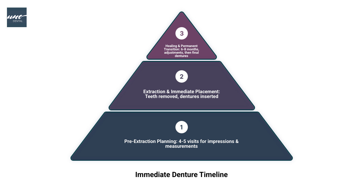 Infographic showing the immediate denture timeline: Pre-extraction phase with 4-5 visits for impressions and measurements, Extraction day with immediate denture placement, Healing period of 6-8 months with regular adjustments and relines, Final transition to permanent dentures after complete healing - can you get dentures the same day as extraction infographic 3_stage_pyramid Infographic showing the immediate denture timeline: Pre-extraction phase with 4-5 visits for impressions and measurements, Extraction day with immediate denture placement, Healing period of 6-8 months with regular adjustments and relines, Final transition to permanent dentures after complete healing - can you get dentures the same day as extraction infographic 3_stage_pyramid