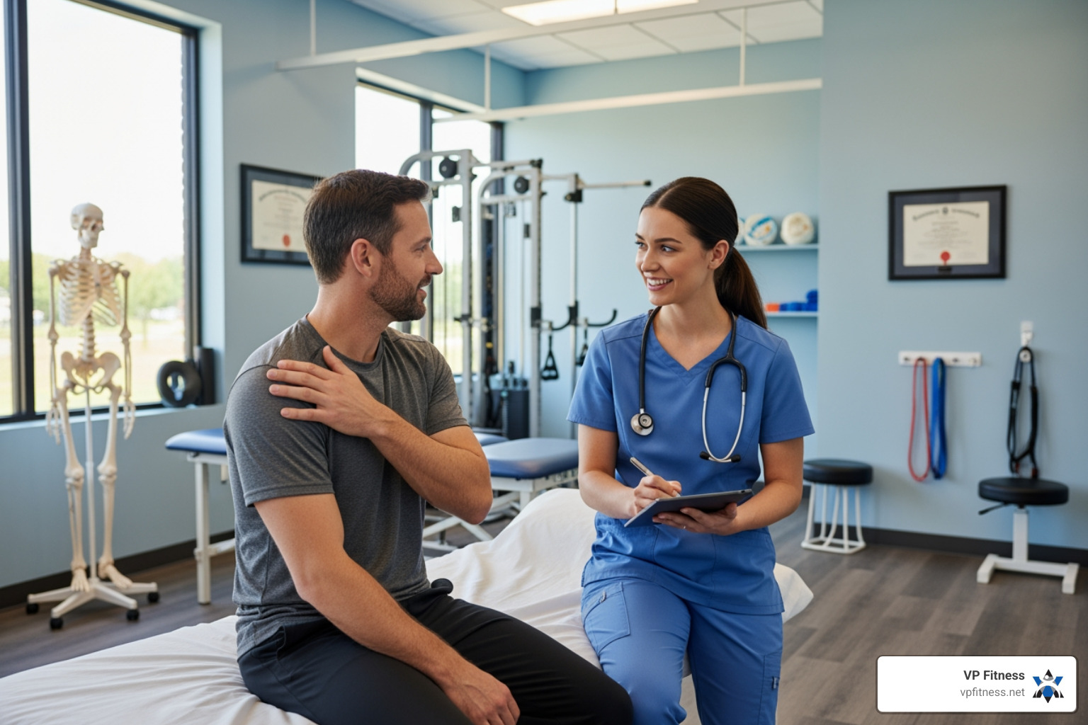 patient consulting directly with a physical therapist - licensed physical therapist