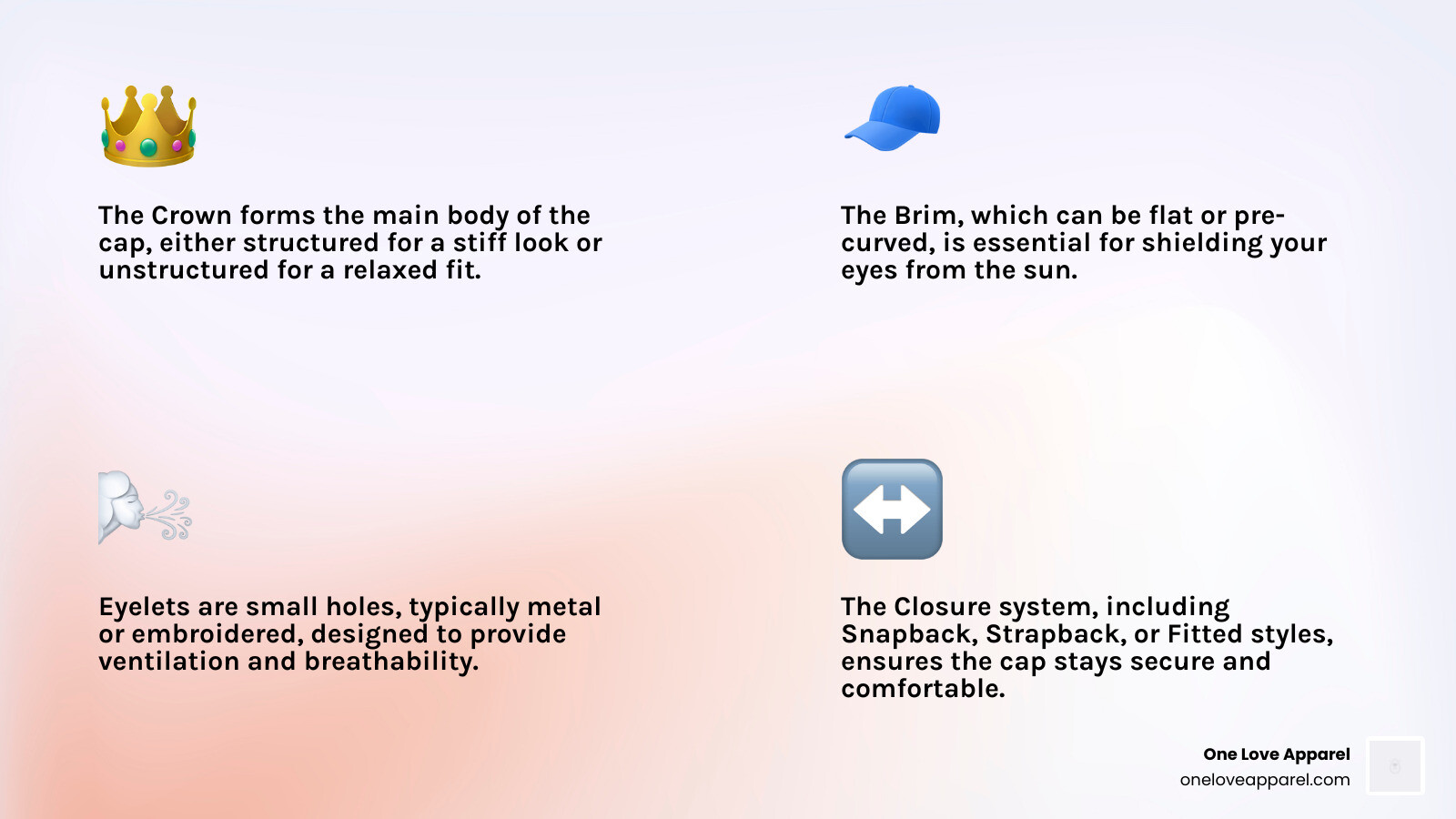Infographic showing the anatomy of a ball cap with labeled parts: structured or unstructured crown at the top, curved or flat brim at the front, metal or fabric eyelets for ventilation on the sides, adjustable closure at the back (snapback, strapback, or fitted), and sweatband inside the crown - ball caps infographic 4_facts_emoji_light-gradient