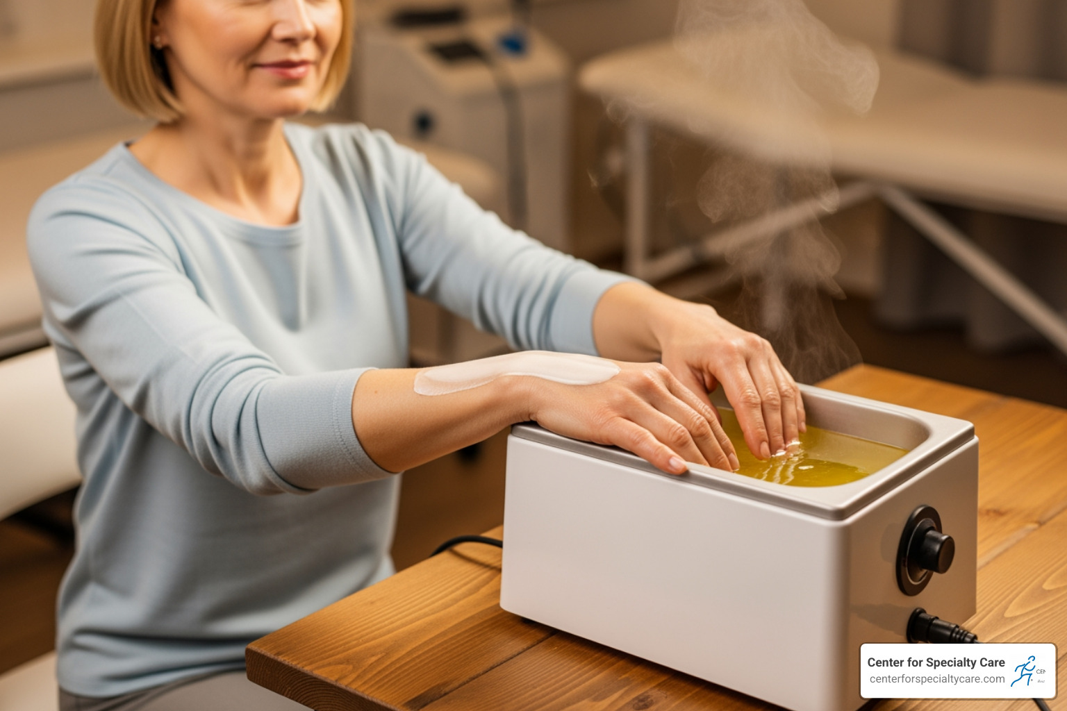 Woman with arthritis using a paraffin wax bath for her hands - Benefits of heat therapy