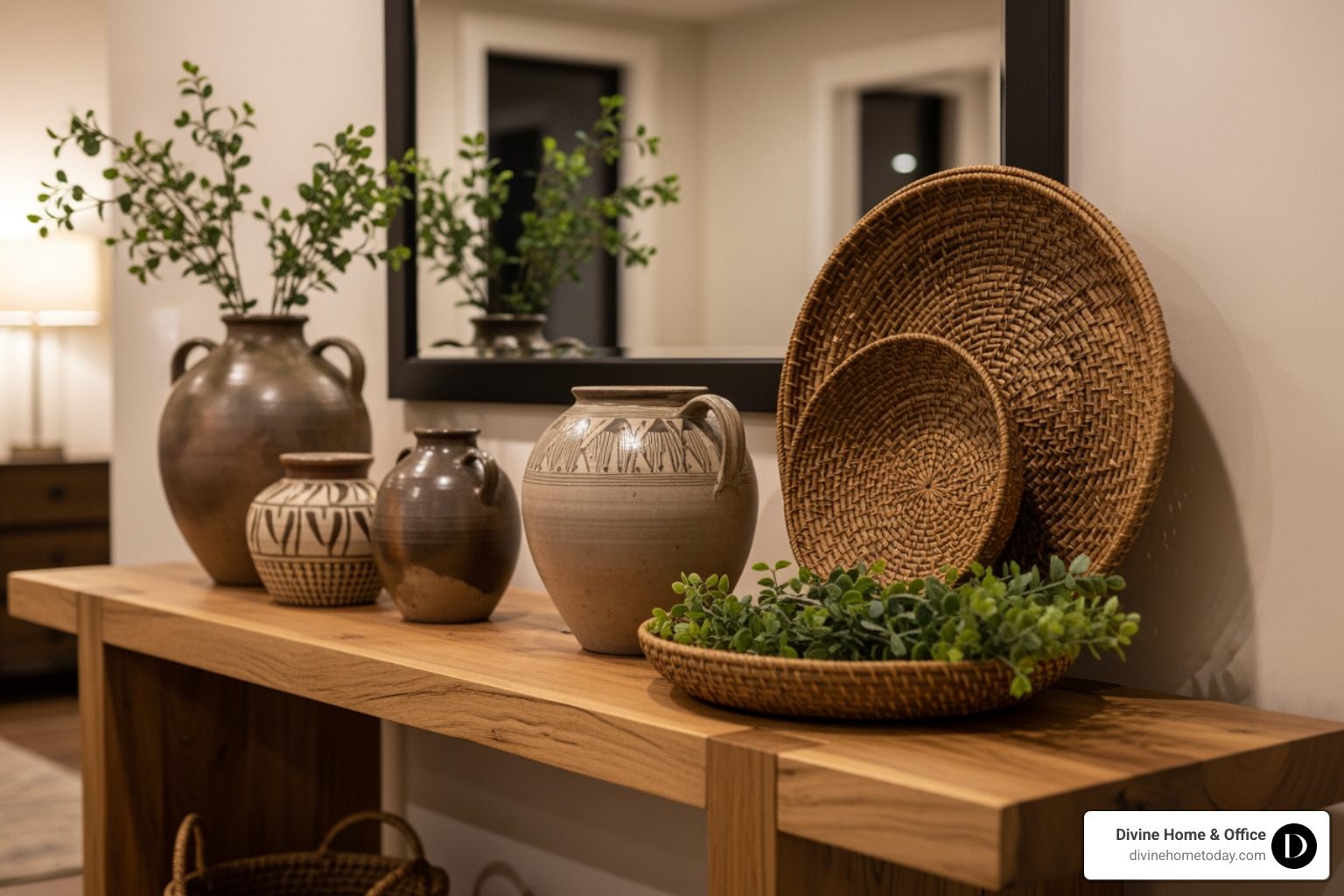 Collection of rustic decor accents on a natural wood console table in a Denver luxury home, including handcrafted pottery, woven baskets, and natural greenery, soft ambient light. - Rustic interior design Collection of rustic decor accents on a natural wood console table in a Denver luxury home, including handcrafted pottery, woven baskets, and natural greenery, soft ambient light. - Rustic interior design