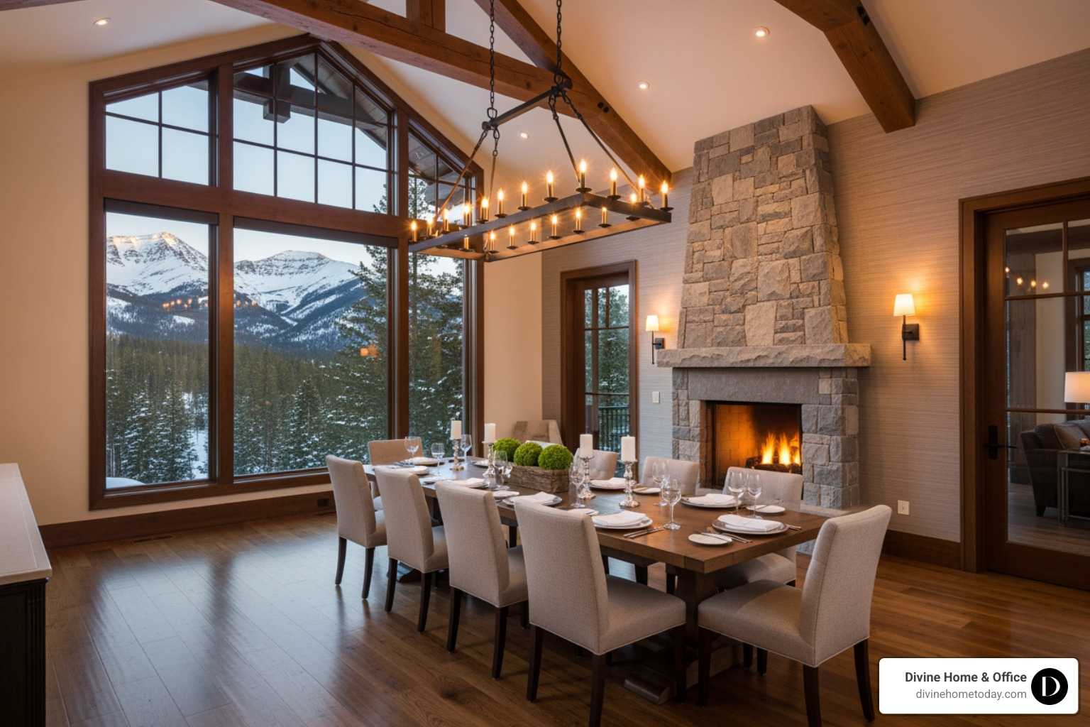 Elegant wrought iron chandelier hanging in a luxury Colorado mountain dining room with exposed timber beams and large windows, soft warm lighting. - Rustic interior design Elegant wrought iron chandelier hanging in a luxury Colorado mountain dining room with exposed timber beams and large windows, soft warm lighting. - Rustic interior design