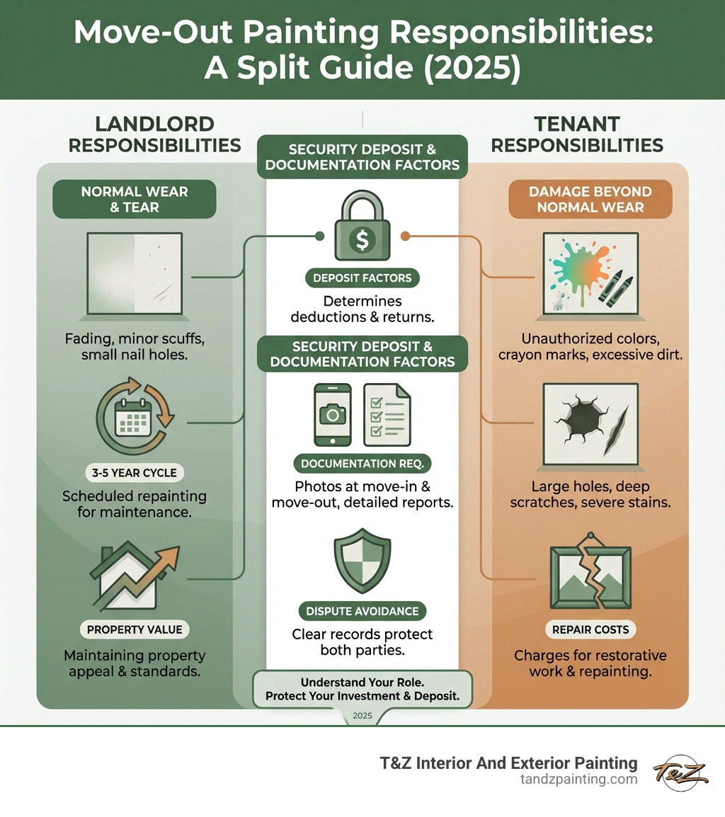 infographic showing a split diagram: left side shows landlord responsibilities (normal wear and tear, 3-5 year repainting cycle, maintaining property value) versus right side showing tenant responsibilities (damage beyond normal wear, unauthorized paint colors, large holes and deep scratches), with a center section highlighting security deposit factors and documentation requirements - move out painting infographic infographic showing a split diagram: left side shows landlord responsibilities (normal wear and tear, 3-5 year repainting cycle, maintaining property value) versus right side showing tenant responsibilities (damage beyond normal wear, unauthorized paint colors, large holes and deep scratches), with a center section highlighting security deposit factors and documentation requirements - move out painting infographic
