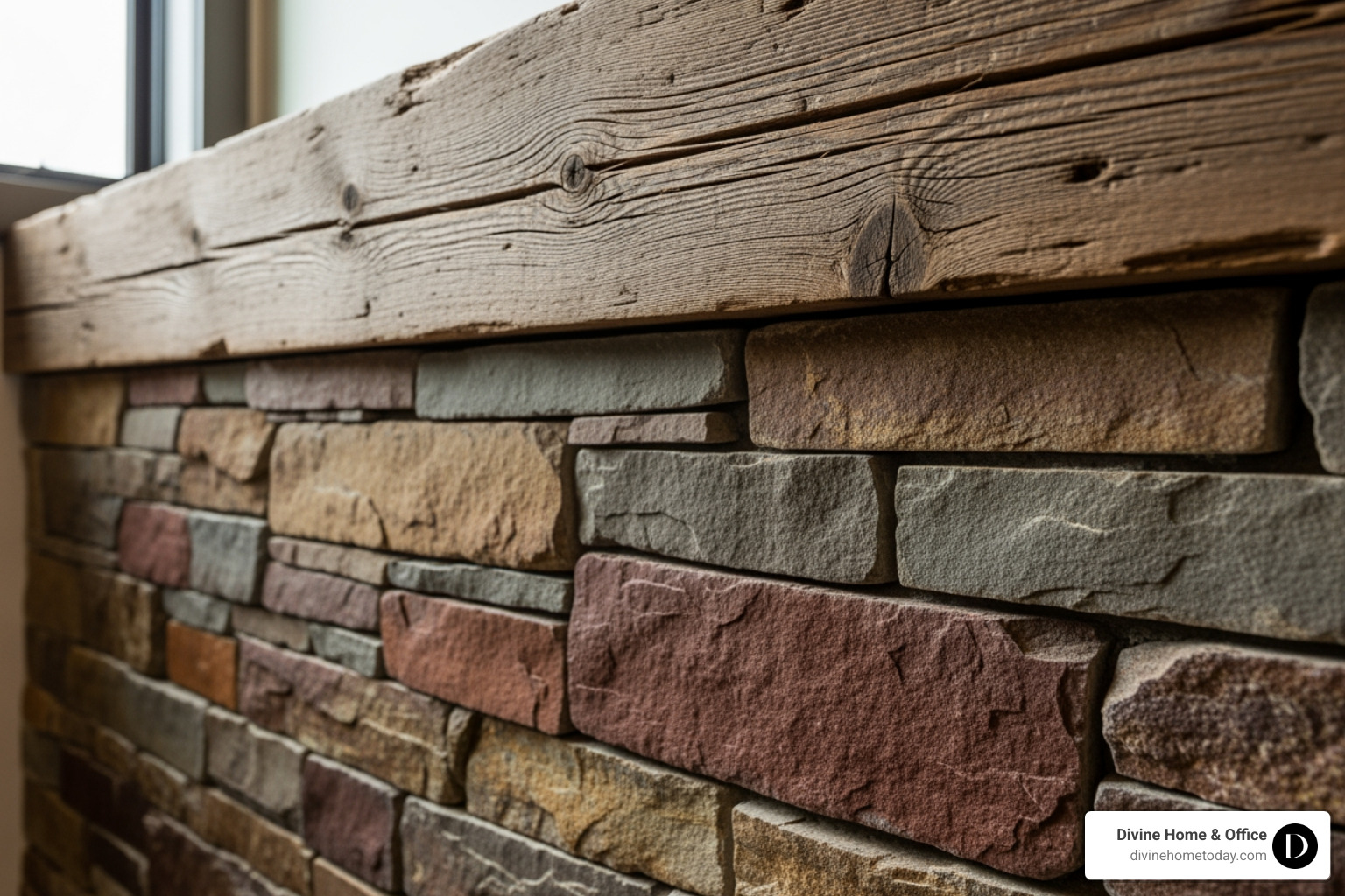 Close-up of a reclaimed wood beam and natural Colorado flagstone wall in a luxury Denver home, highlighting rough textures and natural imperfections, bright natural light. - Rustic interior design Close-up of a reclaimed wood beam and natural Colorado flagstone wall in a luxury Denver home, highlighting rough textures and natural imperfections, bright natural light. - Rustic interior design