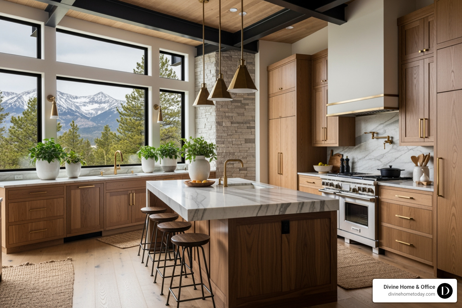 Sleek modern rustic kitchen in a luxury Denver home, featuring natural wood cabinetry, a polished marble island, and subtle industrial accents, large windows with mountain views, bright natural light. - Rustic interior design Sleek modern rustic kitchen in a luxury Denver home, featuring natural wood cabinetry, a polished marble island, and subtle industrial accents, large windows with mountain views, bright natural light. - Rustic interior design