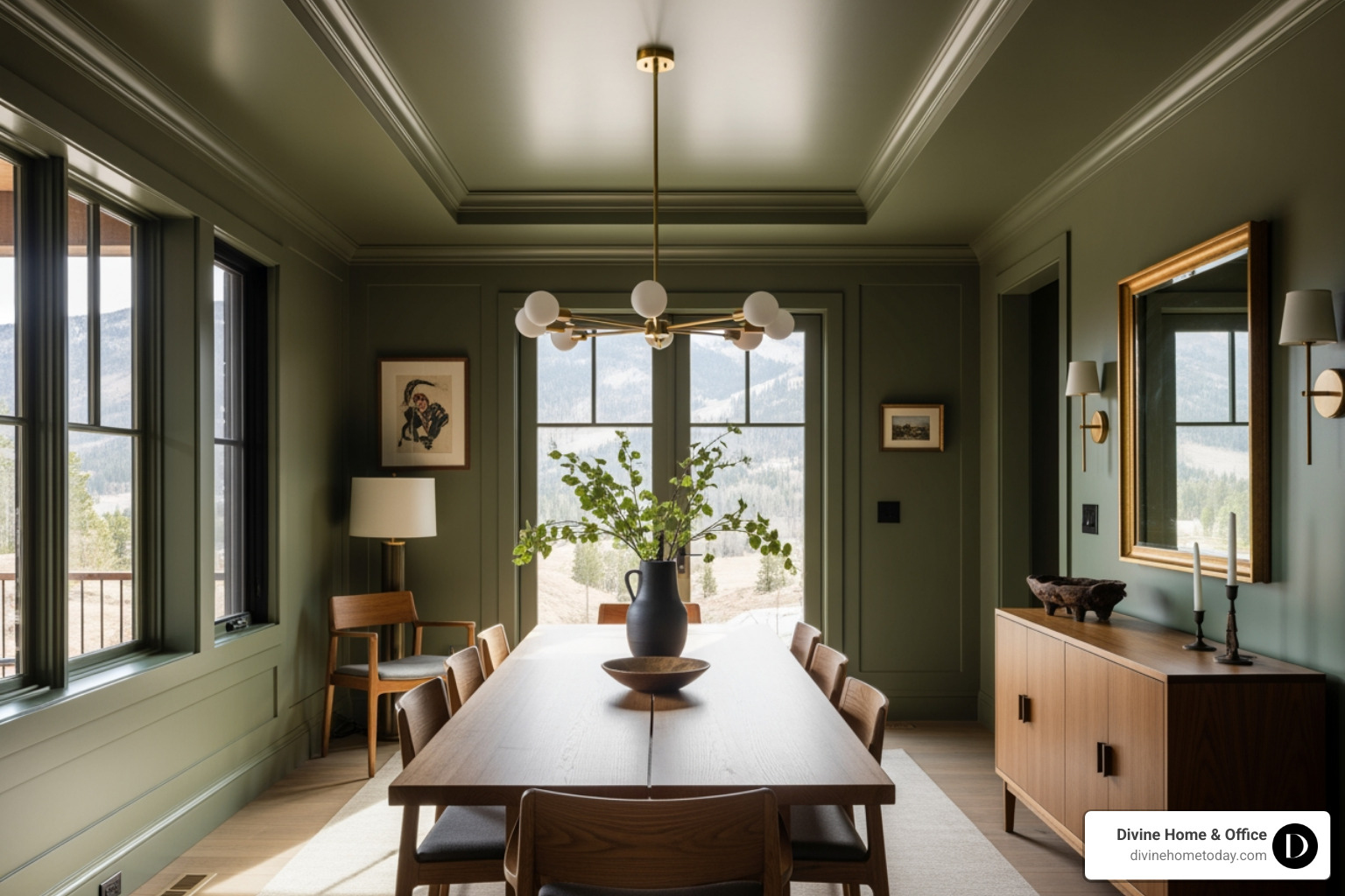 modern mountain dining room with deep olive green walls, ceiling, and trim, natural wood table - 2026 decorating trends and colors modern mountain dining room with deep olive green walls, ceiling, and trim, natural wood table - 2026 decorating trends and colors