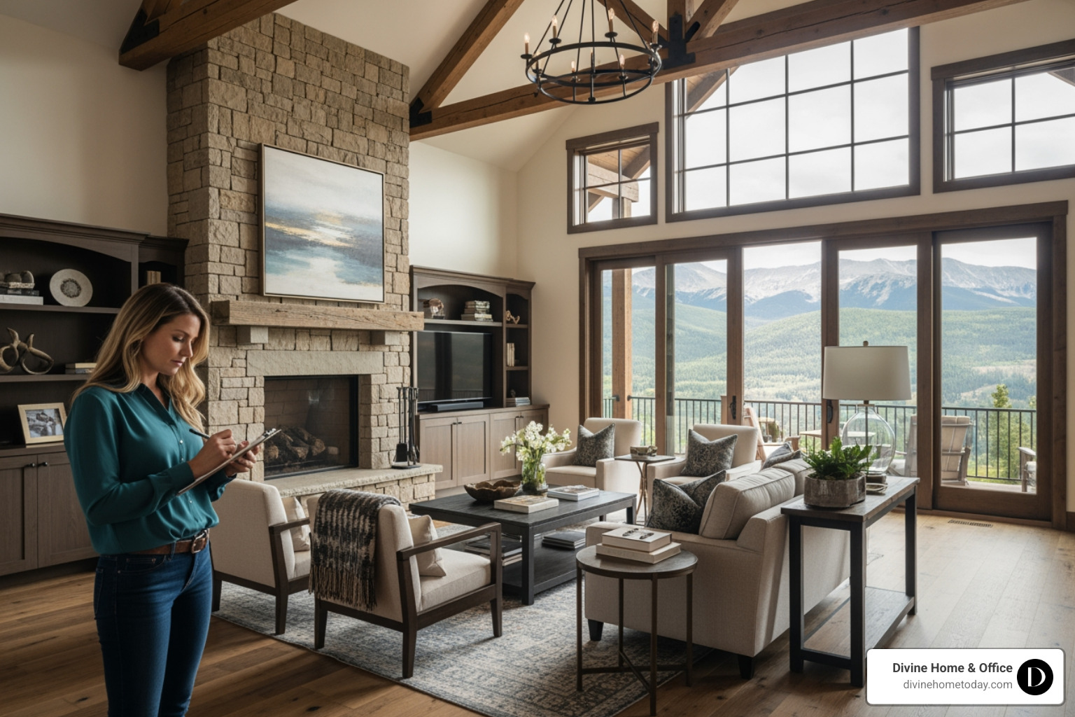 homeowner taking notes on a clipboard while looking at a luxury Colorado mountain living room - free staging consultation