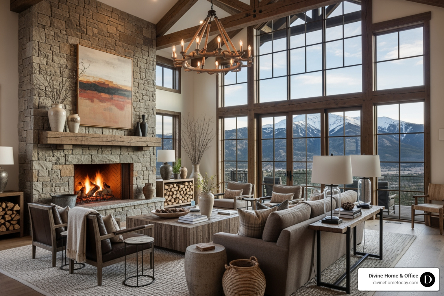 Luxury Colorado mountain living room with stone fireplace, timber beams, warm wood floors, natural textures, floor-to-ceiling windows with mountain views, modern rustic decor, soft bright light, polished and inviting feel - free staging consultation