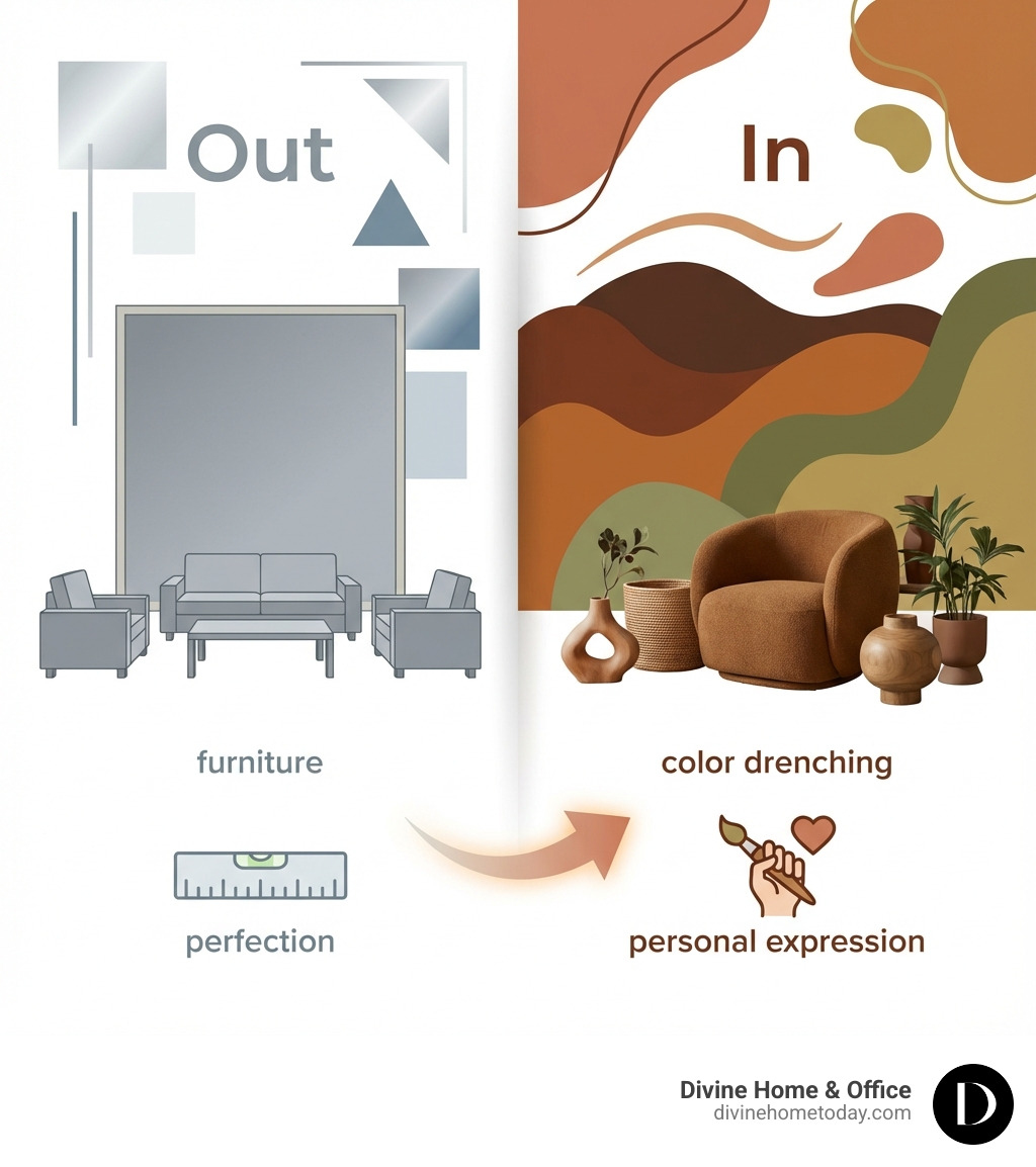 comparison of out vs in trends for 2026: left side shows cool grays, accent walls, matching sets, sharp lines, and perfection; right side shows warm earthy tones, color drenching, collected pieces, organic curves, and personal expression - 2026 decorating trends and colors chart comparison of out vs in trends for 2026: left side shows cool grays, accent walls, matching sets, sharp lines, and perfection; right side shows warm earthy tones, color drenching, collected pieces, organic curves, and personal expression - 2026 decorating trends and colors chart