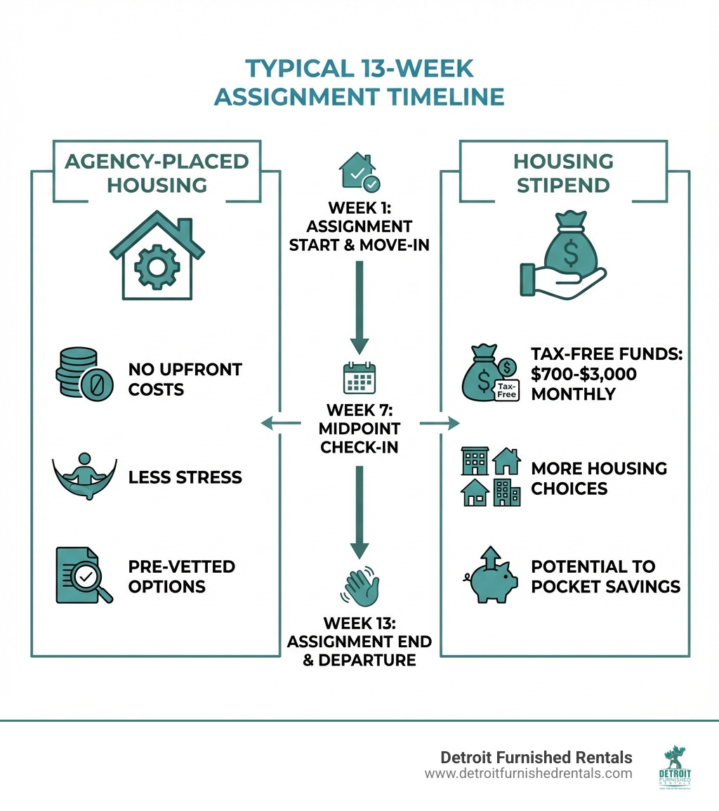 Infographic showing two housing paths for travel nurses: Agency-Placed Housing (left side) with benefits including no upfront costs, less stress, and pre-vetted options, versus Housing Stipend (right side) showing tax-free funds ranging $700-$3,000 monthly, more housing choices, and potential to pocket savings. Center shows typical 13-week assignment timeline. - furnished travel nurse housing infographic 