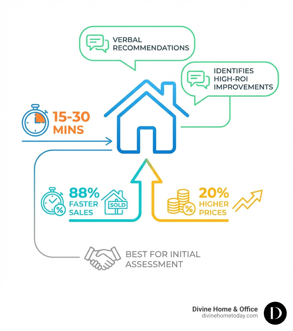 infographic showing the value of free staging consultations: 15-30 minute duration, verbal recommendations included, identifies high-ROI improvements, leads to 88% faster sales and 20% higher prices for staged homes, best for initial assessment before deciding on full staging services - free staging consultation infographic 
