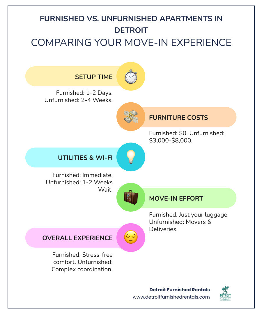 Infographic comparing furnished vs. unfurnished apartment move-in process in Detroit, showing furnished apartments require 1-2 days setup time vs. 2-4 weeks for unfurnished, $0 furniture costs vs. $3,000-8,000, immediate Wi-Fi and utilities vs. 1-2 weeks setup wait, and stress-free move-in with just luggage vs. coordinating movers and deliveries - furnished apartments Detroit Michigan infographic infographic-line-5-steps-colors