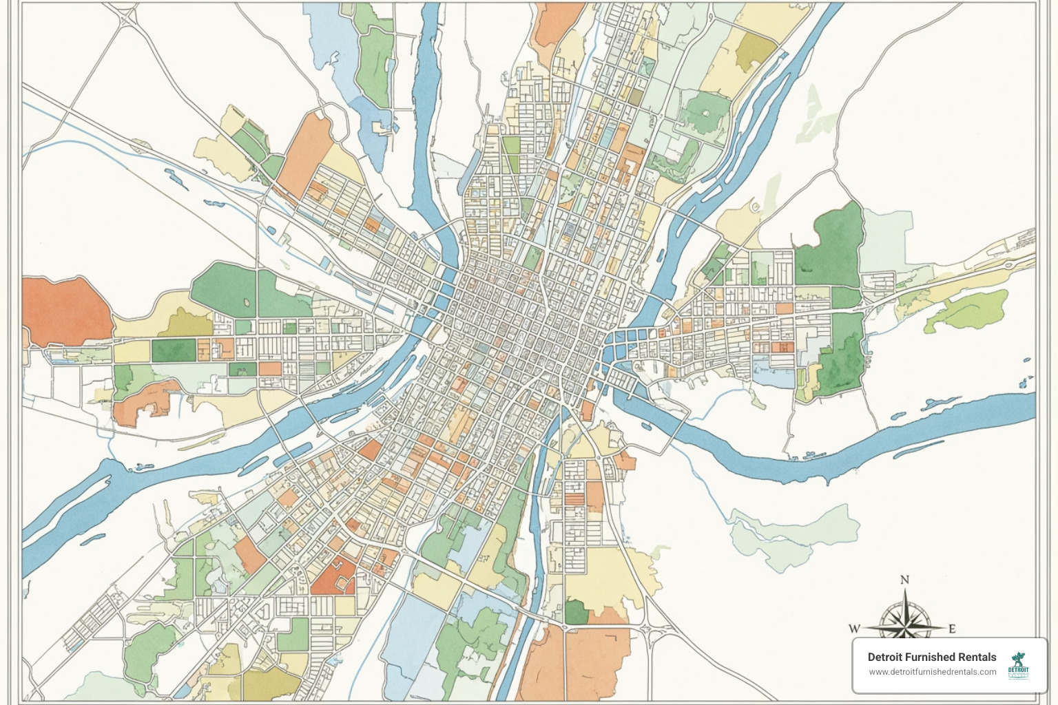 map of Detroit highlighting popular neighborhoods - furnished apartments Detroit Michigan