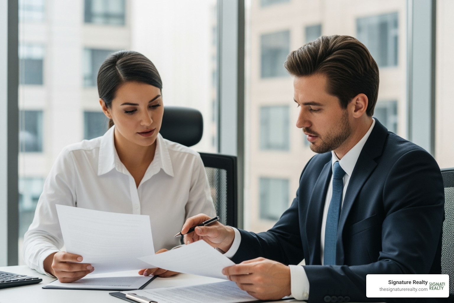 business owner reviewing a lease document with a commercial real estate advisor - renegotiate commercial lease business owner reviewing a lease document with a commercial real estate advisor - renegotiate commercial lease