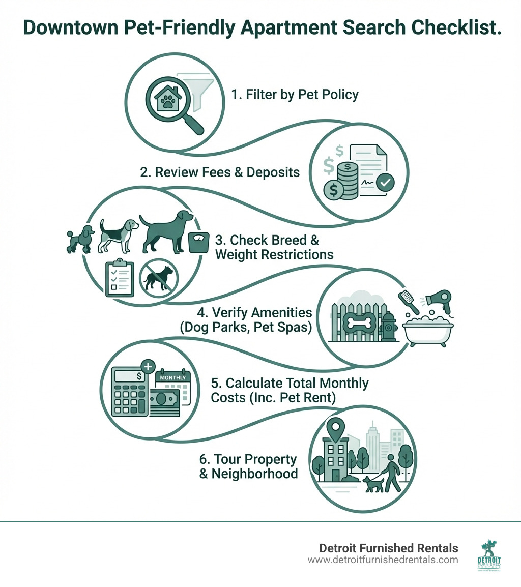 infographic showing pet-friendly apartment search checklist with steps: 1. Filter by pet policy, 2. Review fees and deposits, 3. Check breed and weight restrictions, 4. Verify amenities like dog parks and pet spas, 5. Calculate total monthly costs including pet rent, 6. Tour property and surrounding neighborhood - Downtown pet friendly apartments infographic 