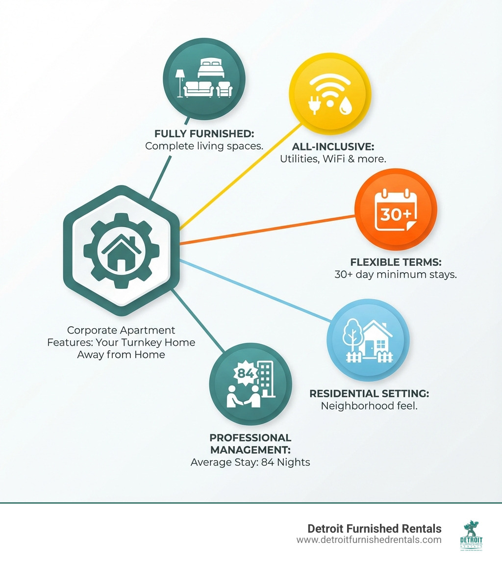 infographic showing corporate apartment features including fully furnished rooms, all utilities included, flexible lease terms of 30+ days, residential neighborhood setting, and professional management with average stay of 84 nights - what is a corporate apartment infographic 