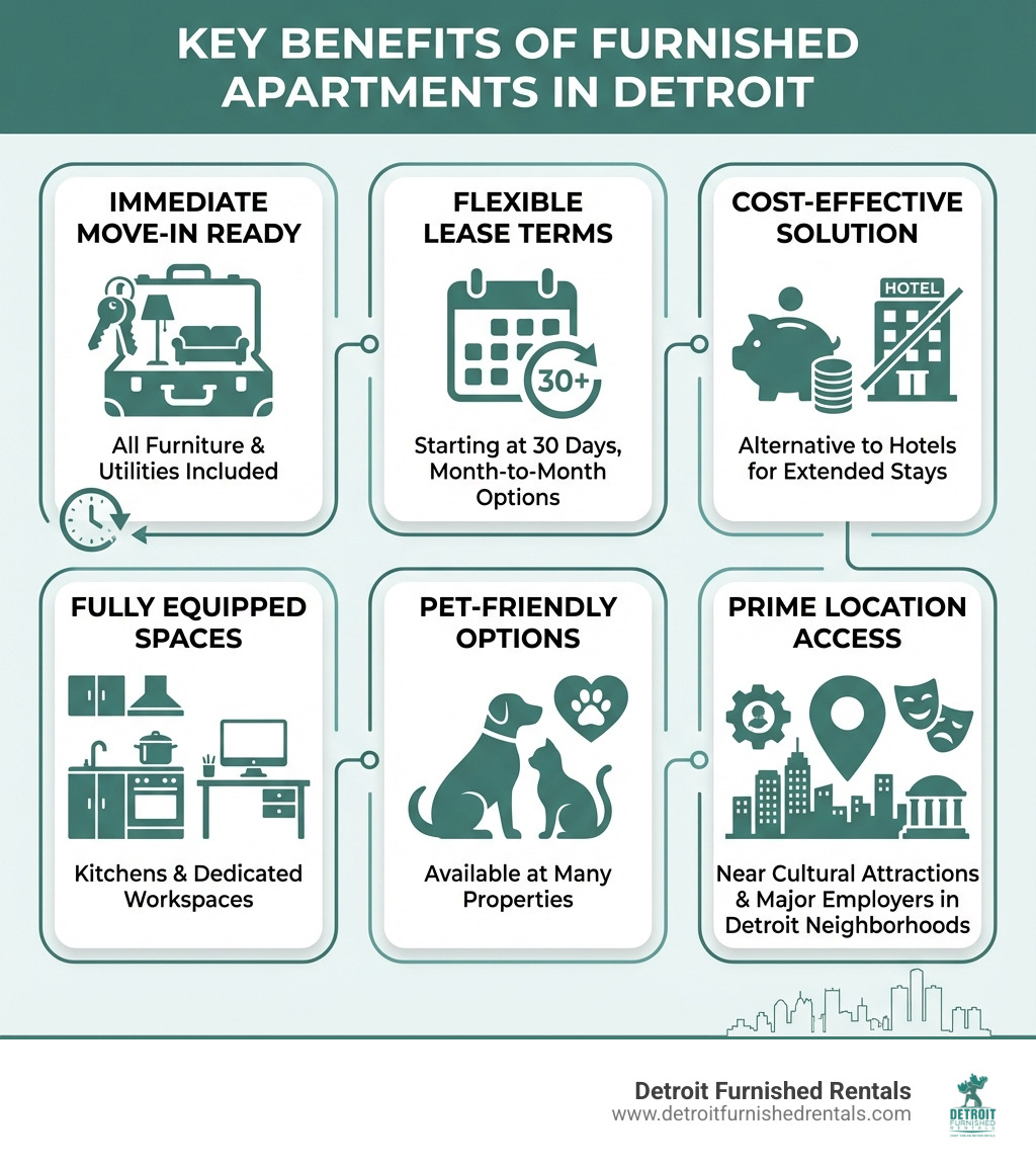 infographic showing key benefits of furnished apartments in Detroit: immediate move-in ready convenience with all furniture and utilities included; flexible lease terms starting at 30 days; cost-effective alternative to hotels for extended stays; fully equipped kitchens and workspaces; pet-friendly options available; located in prime Detroit neighborhoods near cultural attractions and employers - furnished apartment detroit infographic 