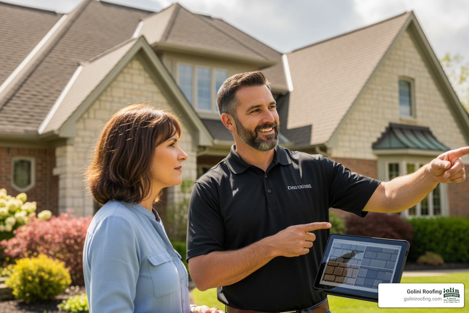 A friendly roofing contractor discussing options with a homeowner, pointing to a roof - roofing contractors wakefield ma A friendly roofing contractor discussing options with a homeowner, pointing to a roof - roofing contractors wakefield ma