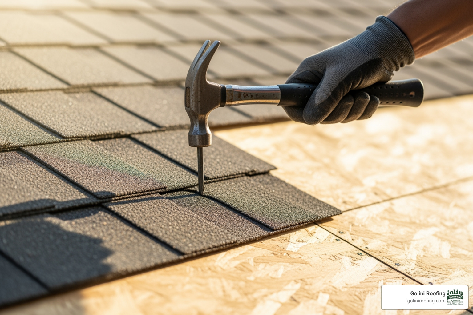 A close-up image showing a roofer's hand carefully nailing a shingle to a roof deck - roofing contractors wakefield ma A close-up image showing a roofer's hand carefully nailing a shingle to a roof deck - roofing contractors wakefield ma